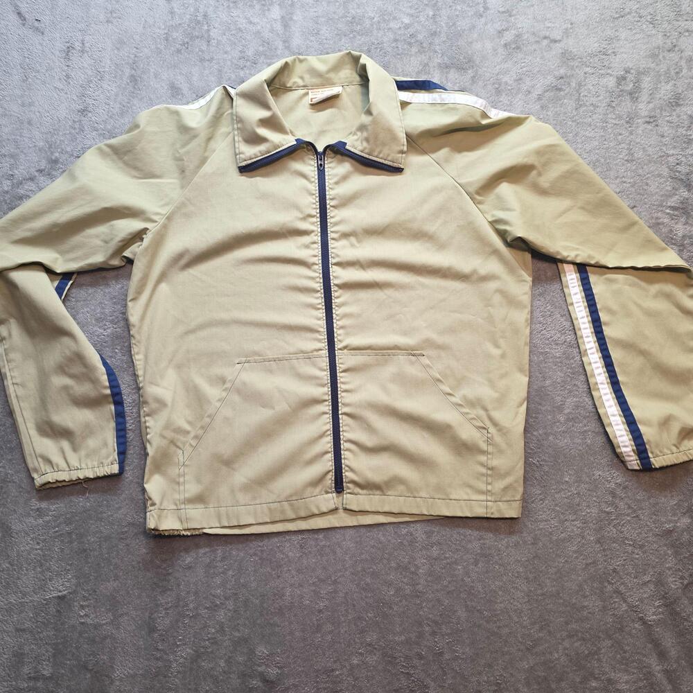 Sears Active Wear Windbreaker Jacket Mens L Beige Striped Full Zip Vintage